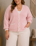 Pink Scalloped-Edge Ribbed Knit Cardigan