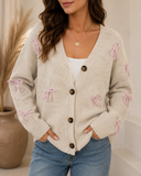 Relaxed Button Bow Long Sleeve Cardigan