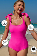 Pink Square Neck Knotted Shoulder Open Back One Piece Swimsuit-Rae Collective, Women's Online Fashion Boutique Located in Phoenix, Arizona (Scottsdale Area)