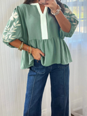 Color Block Patchwork V Neck Embroidered Puff Sleeve Babydoll Blouse