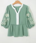 Color Block Patchwork V Neck Embroidered Puff Sleeve Babydoll Blouse