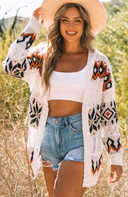White Tribal Pattern Hollowed Knit Long Cardigan-Cardigans-Krush Kandy, Women's Online Fashion Boutique Located in Phoenix, Arizona (Scottsdale Area)