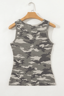Camouflage Print Ribbed Knit Round Neck Tank Top