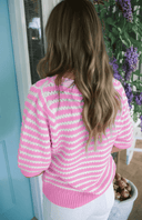 Stripe Short Sleeve Knit V Neck Bow Knot Sweater