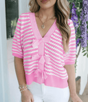 Stripe Short Sleeve Knit V Neck Bow Knot Sweater