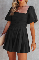 Ladies Night Square Neck Ruched Puff Sleeve Romper
