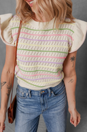 Set in Spring Striped Eyelet Knit Ruffled Sleeve Top