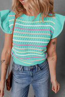 Set in Spring Striped Eyelet Knit Ruffled Sleeve Top