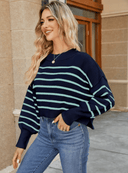 Round Neck Striped Side Slit Lantern Sleeve Sweater-Sweater-Krush Kandy, Women's Online Fashion Boutique Located in Phoenix, Arizona (Scottsdale Area)