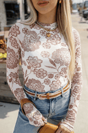 Long Sleeve Floral Print Thumbhole Mesh Top