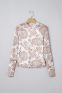 Long Sleeve Floral Print Thumbhole Mesh Top