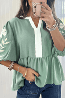 Color Block Patchwork V Neck Embroidered Puff Sleeve Babydoll Blouse