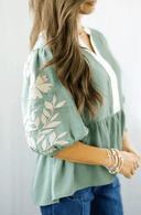 Color Block Patchwork V Neck Embroidered Puff Sleeve Babydoll Blouse