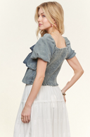 Darling Denim Ruffle Smocked Blouse