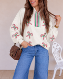 Sequin Candy Canes Contrast Collar Patchwork Loose Sweatshirt