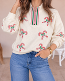 Sequin Candy Canes Contrast Collar Patchwork Loose Sweatshirt