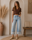 Skyline Mid Rise Cropped Wide Leg Jeans - Medium Stone