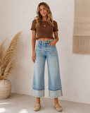 Skyline Mid Rise Cropped Wide Leg Jeans - Medium Stone