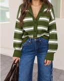 Stripe Drop Shoulder Buttons Cardigan Sweater