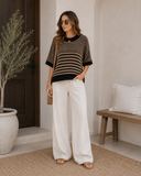 Stripe 3/4 Draped Sleeve Slouchy Sweater