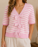 Stripe Short Sleeve Knit V Neck Bow Knot Cardigan