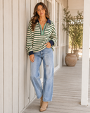 Striped Contrast Collar Zip V Neck Long Sleeve Top