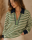 Striped Contrast Collar Zip V Neck Long Sleeve Top