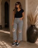 Trendy Black and White Checkered Distressed Jeans