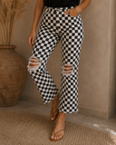 Trendy Black and White Checkered Distressed Jeans