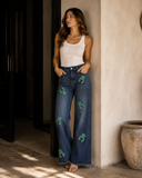 Turquoise Jewelry-Inspired Embellished Wide-Legged Denim Jeans
