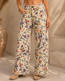 Washed Floral Print Denim Twill Pants
