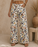 Washed Floral Print Denim Twill Pants