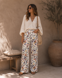 Washed Floral Print Denim Twill Pants