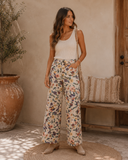 Washed Floral Print Denim Twill Pants