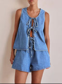 Denim Tie-Front Vest & Shorts Set