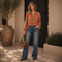Red Floral Ruffle Tie Blouse