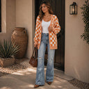 Orange Checkered Knit Cardigan