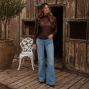 Coffee Mesh Long Sleeve Sheer Top