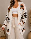 White Tribal Pattern Hollowed Knit Long Cardigan