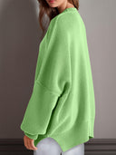Double Take Side Slit Round Neck Long Sleeve Sweater-Sweaters-Rae Collective, Women's Online Fashion Boutique Located in Phoenix, Arizona (Scottsdale Area)
