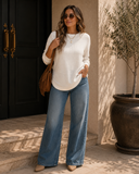Rounded Hem Waffle Long Sleeve Top