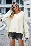 High-Low Slit Round Neck Long Sleeve Sweater-Rae Collective, Women's Online Fashion Boutique Located in Phoenix, Arizona (Scottsdale Area)