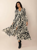 Tied Printed V-Neck Long Sleeve Midi Dress-Rae Collective, Women's Online Fashion Boutique Located in Phoenix, Arizona (Scottsdale Area)
