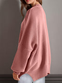 Double Take Side Slit Round Neck Long Sleeve Sweater-Sweaters-Rae Collective, Women's Online Fashion Boutique Located in Phoenix, Arizona (Scottsdale Area)