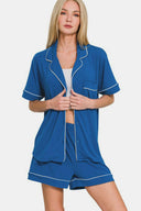 Zenana Button Down Short Sleeve Top and Shorts Lounge Set-Loungewear-Rae Collective, Women's Online Fashion Boutique Located in Phoenix, Arizona (Scottsdale Area)