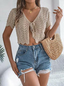 Tied Openwork Short Sleeve Cardigan-Rae Collective, Women's Online Fashion Boutique Located in Phoenix, Arizona (Scottsdale Area)