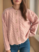 Cable-Knit Round Neck Long Sleeve Cardigan-Cardigans-Rae Collective, Women's Online Fashion Boutique Located in Phoenix, Arizona (Scottsdale Area)