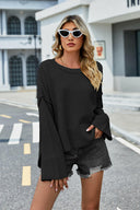 High-Low Slit Round Neck Long Sleeve Sweater-Rae Collective, Women's Online Fashion Boutique Located in Phoenix, Arizona (Scottsdale Area)