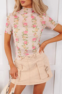 Beige Floral Mesh Mock Neck Top