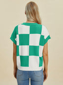 Double Take Full Size Checkered Round Neck Short Sleeve Sweater-Tops-Rae Collective, Women's Online Fashion Boutique Located in Phoenix, Arizona (Scottsdale Area)